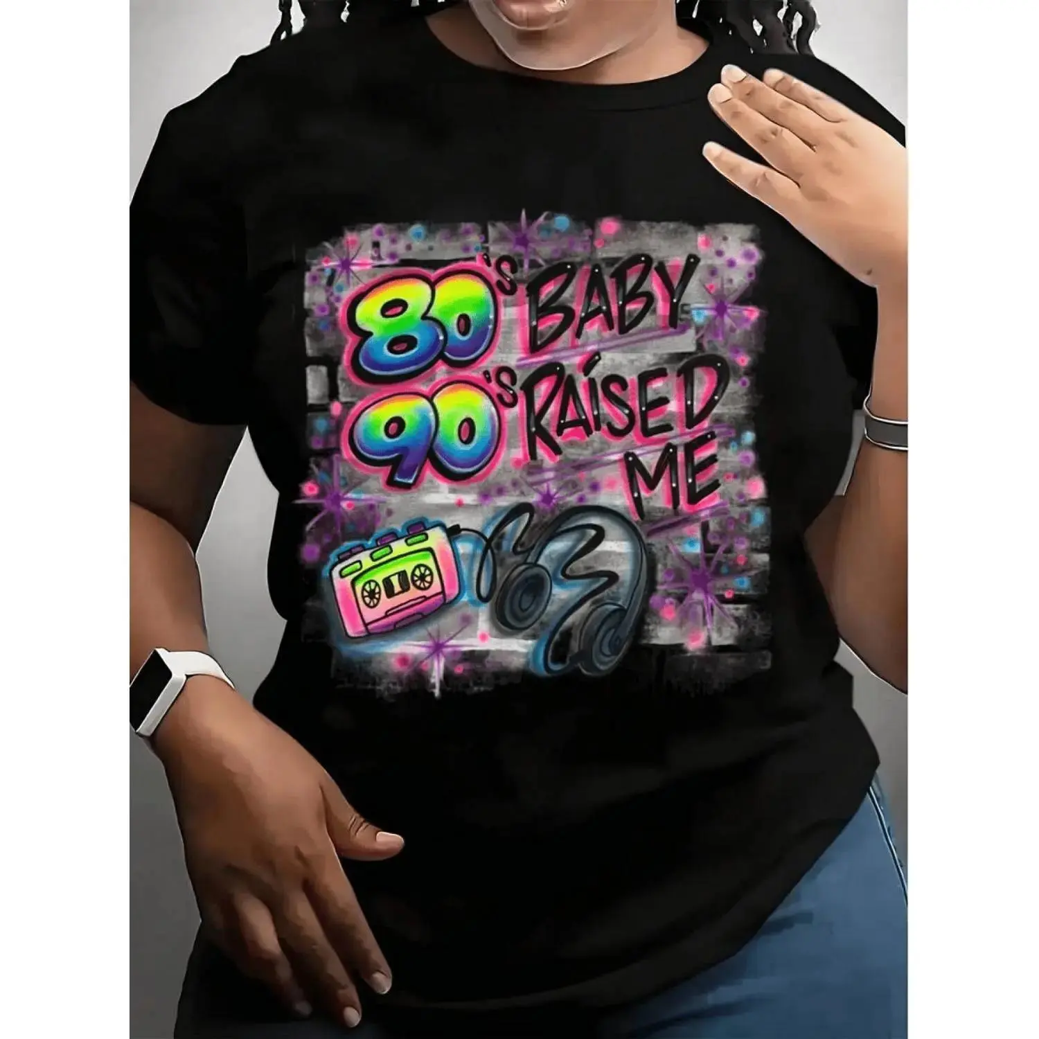 [Graphic Tee][Graphic Tee]Women's T-Shirt with 80s 90s Raised Me Retro Pop Art Print, Neon Colors And Cassette Tape Design, Perfect for 90s Themed Parties And Casual Wear funny meme
