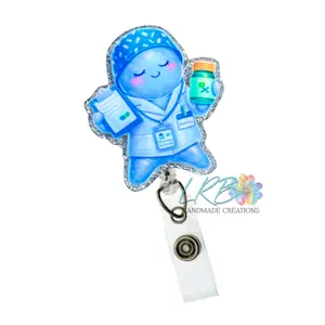 Pharmacist Glove Buddy Badge Reel – Handmade Glove Doll Retractable ID Holder, Made to Order Glitter Badge Clip, Funny Gift for Nurses, Healthcare Workers, Pharmacy
