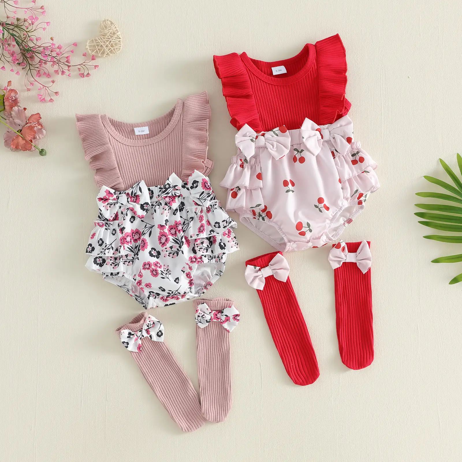 Meihuida Infant Baby Girls Rompers Cherry/Floral Print Ribbed Knit Fly Sleeve Bodysuits Jumpsuits with Long Socks Spring Summer 0-18 Months
