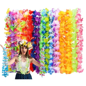 24PCS Tropical Flower Necklaces for Luau, Colorful Silk Leis for Beach, Pool, Summer, Hula Dance, or Hawaiian-Themed Party Decorations & Favors