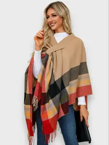 Women's Plaid Shawl with Side Tie Fringe Design, Soft Comfortable Fabric, Casual Loose Fit, Perfect for Formal & Casual Occasions
