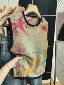1 Piece Women's Loose Crew Neck Sleeveless Knit Top, Womenswear, Spring Summer Back to School Casual Style, Dark Blue Trim, Contrast Cartoon Print, Can Be Worn Alone or with Vest, For Daily Outdoor Wear