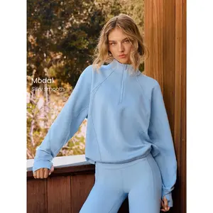 GLOWMODE Modal Loose Fit Ribbed Panels Adjustable Hem Half-Zip Collar Sweatshirt With Thumbholes Daily Casual Wear oversized pocket