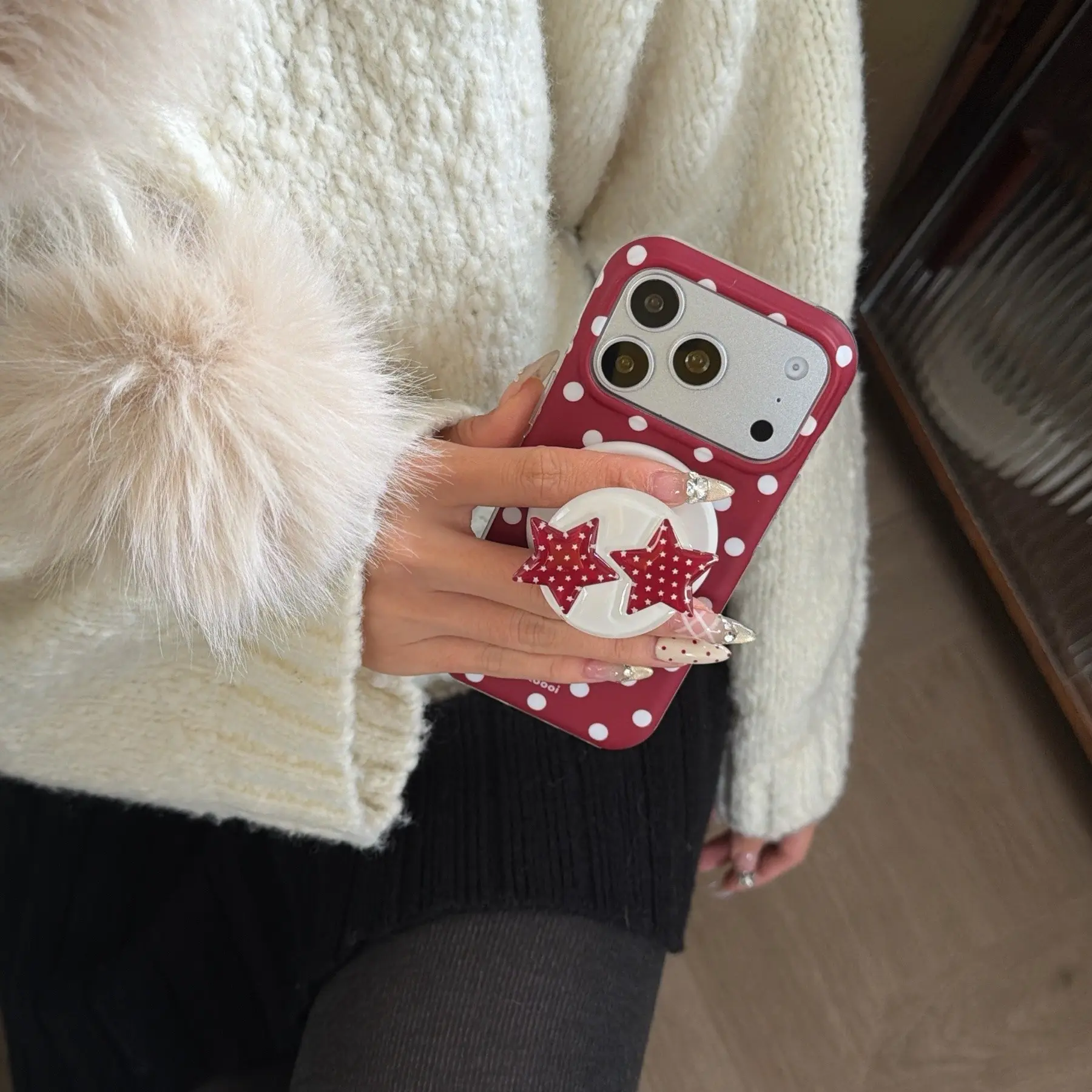 Double-Layer Magnetic Polka Dot Phone Case Cover, Star Stand Holder, Fits iPhone 17 Pro Max, 16 Pro Max, 15 Pro Max, 14 Pro, 13