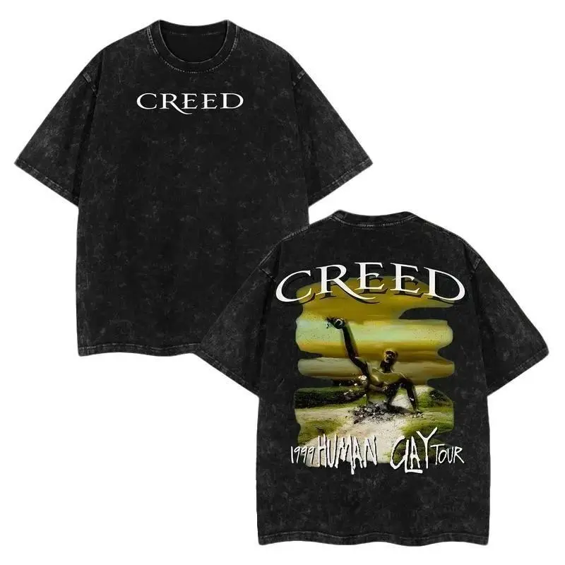 Vintage Creed Band Human Clay 1999 Tour Creed Band Graphic Washed T-Shirt – Acid Washed Heavyweight Cotton, Classic 90s Grunge Vibes, Alternative Streetwear Essential for Rock Lovers