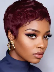 Pixie Layered Pixie Cut Human Hair Wig, Short Straight Human Hair Wig in Blonde Burgundy Colors, Machine Made Wig for Daily Party Use