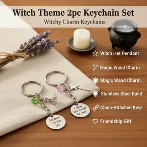 2pc Wicked Witch Inspired Stainless Steel Keychain Set - Cute, Chain-Attached, 3D Metal Keychains with Witch Hat & Magic Wand Pendants, Friendship Matching Gift for Employee Appreciation, Fashion Accessory, Cute Keychains