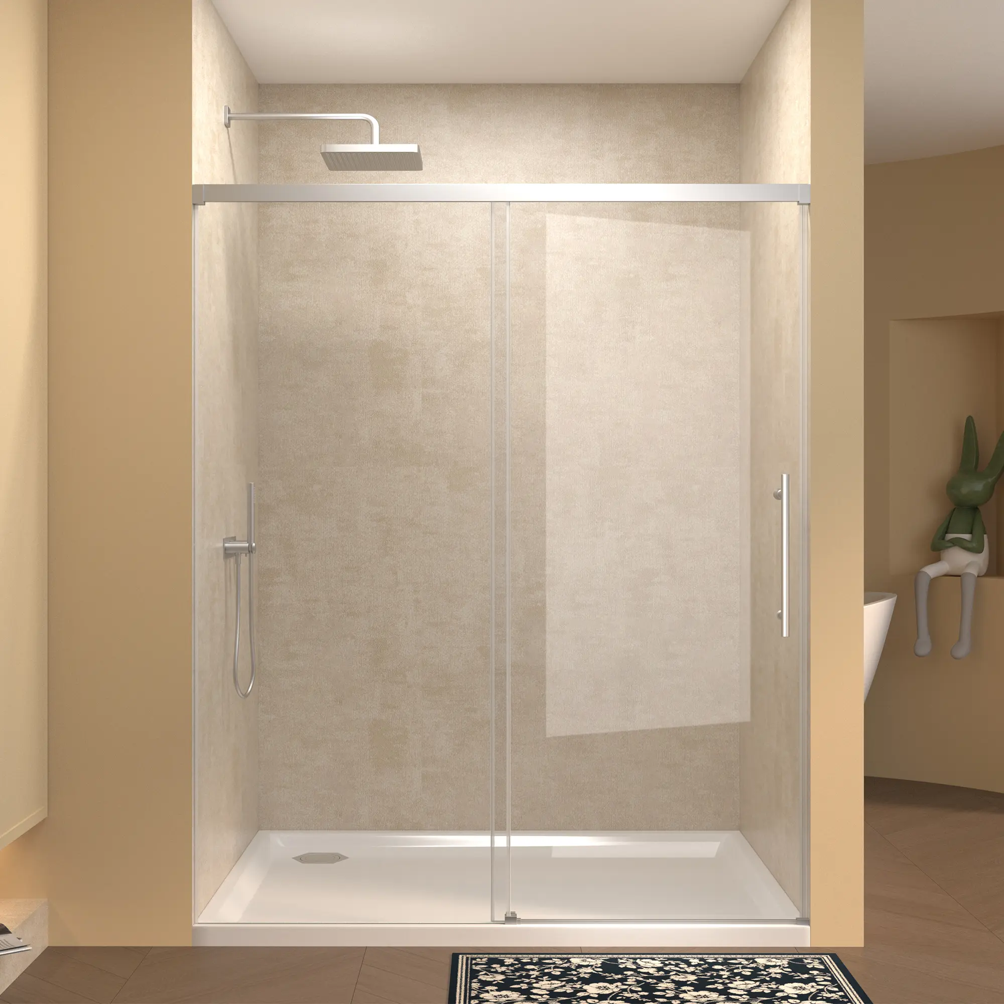 60" W x 72" H Single Sliding Shower Door, Frameless Design with 5mm Fixed & 6mm Sliding Clear Tempered Glass, Chrome Stainless Steel Handle, Modern Sliding Bathroom Door for Tub or Walk-In Shower