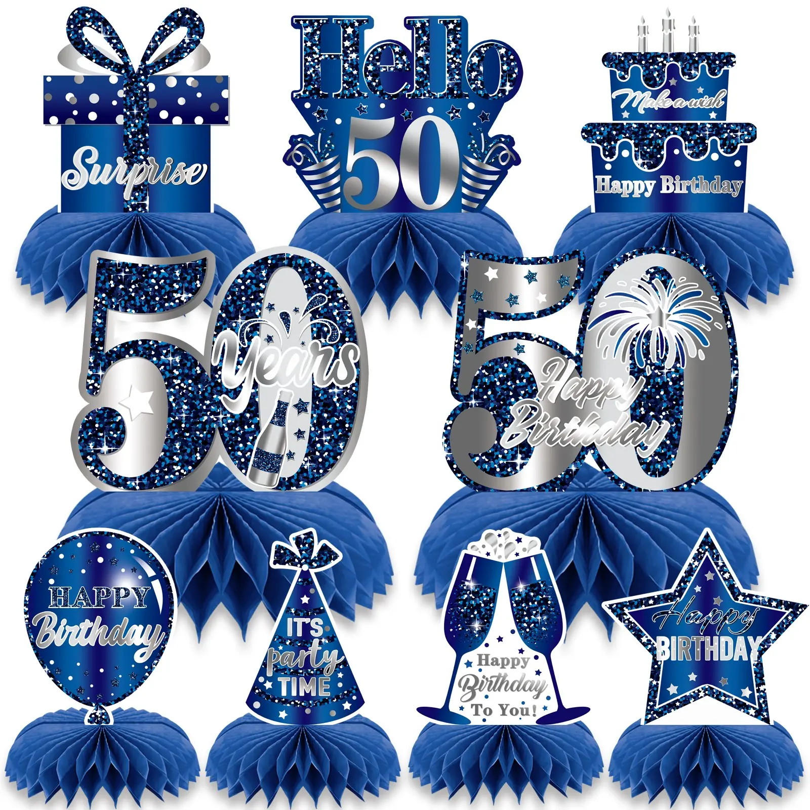 9Pcs Blue Silver 50th Birthday Honeycomb Centerpieces, Navy Blue Glitter 50th Birthday Table Decorations, "Hello 50" Themed Party Supplies, Men Women 50 Years Old Birthday Party Table Toppers