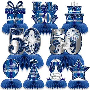 9Pcs Blue Silver 50th Birthday Honeycomb Centerpieces, Navy Blue Glitter 50th Birthday Table Decorations, "Hello 50" Themed Party Supplies, Men Women 50 Years Old Birthday Party Table Toppers