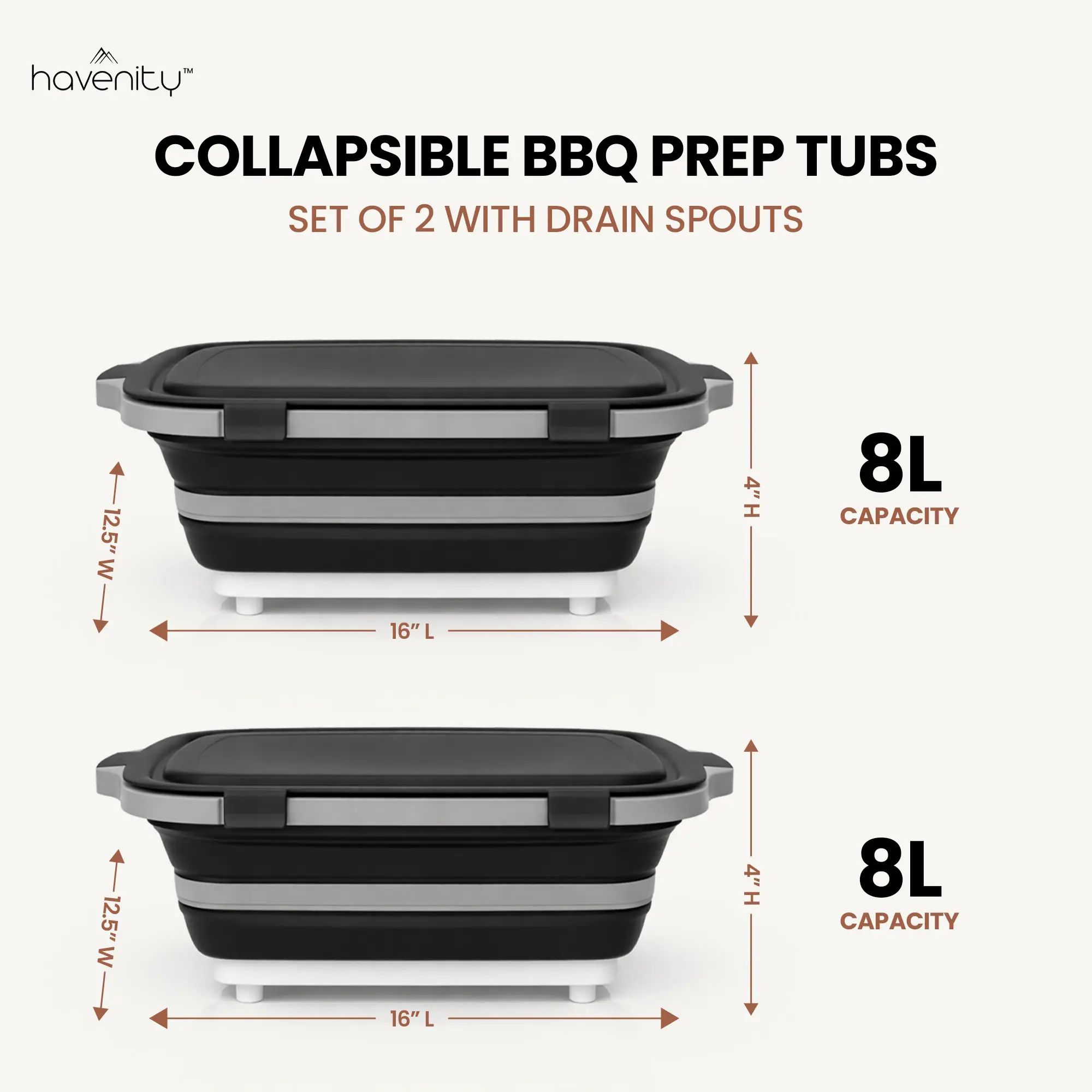 Havenity 2-Pack 8L Food-Grade Plastic Multifunctional Collapsible BBQ Prep Basin, Portable Storage Containers with Lid, Camping Cutting Board Utensils for Grilling, Outdoor & Indoor Meal Prep, Kitchen Dishware