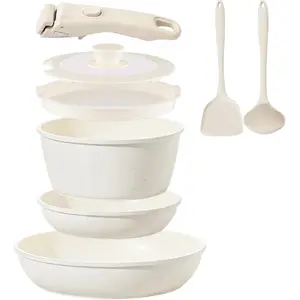 Ceramic Cookware Set Non Stick 8Pcs Pots and Pans Set Detachable Handle Induction Kitchen Cooking Set with Frying Pans Oven Dishwasher Safe, PFAS/PFOA Free, Cream White