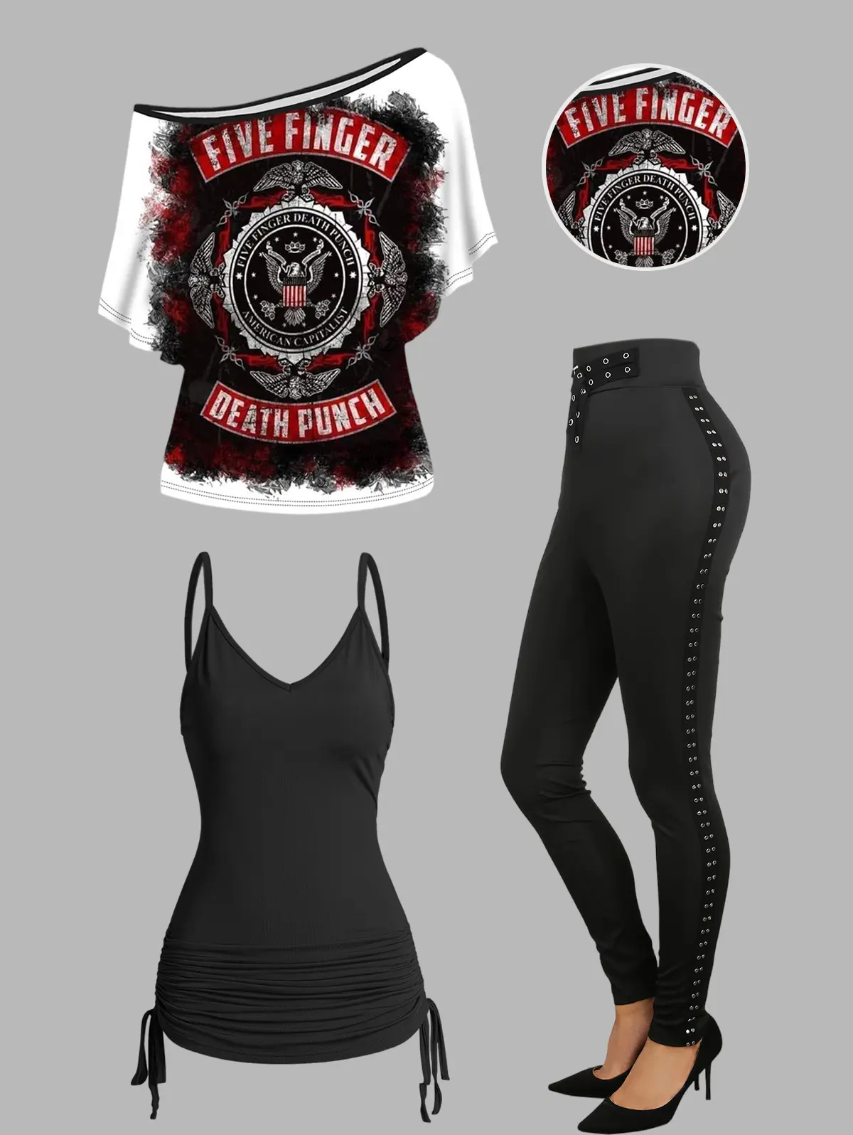2025 Women's Five Finger Death Punch Print Oblique Shoulder T-shirt And Spaghetti Strap Camisole Set and Buckle Grommet Waist Long Pants Rivet Decor Casual Jogger Pants Matching Set