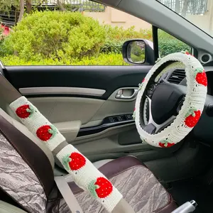 Strawberry Pattern Car Steering Wheel Cover & Seat Belt Cover, Handmade Crochet Car Interior Decoration Set, Car Accessories for Women & Girls