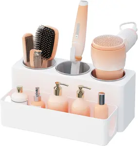Countertop Hair Tool Organizer with Removable Holders | Acrylic Blow Dryer & Hot Styling Tools Storage for Curling Iron, Straightener & Brushes with 3 Stainless Cups Bathroom Vanity Organizer 12 Inch White