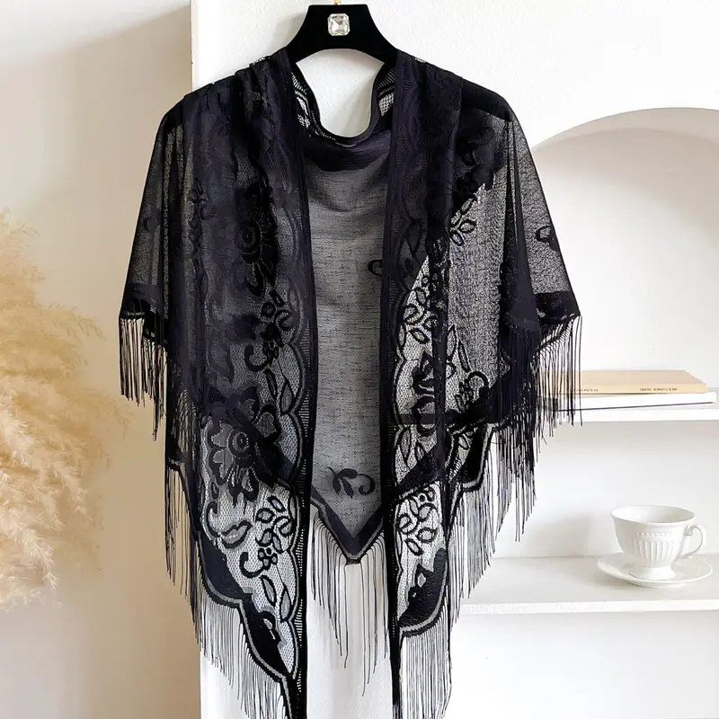 Women's Floral Lace Fringe Trim Shawl, Lace Sheer Shawl, Casual Elegant Breathable Scarf for Daily Wear, Floral Pattern Shawl, Fashion Shawl Wrap, Fashion Accessories for Women & Girls