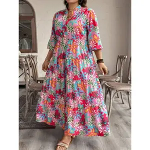 Plus Size Floral Print Dress Casual 3/4 Sleeve Boho Style for Spring & Fall Women's Clothes Daily Wear Fitted Summer Outfit Womenswear Bohemian