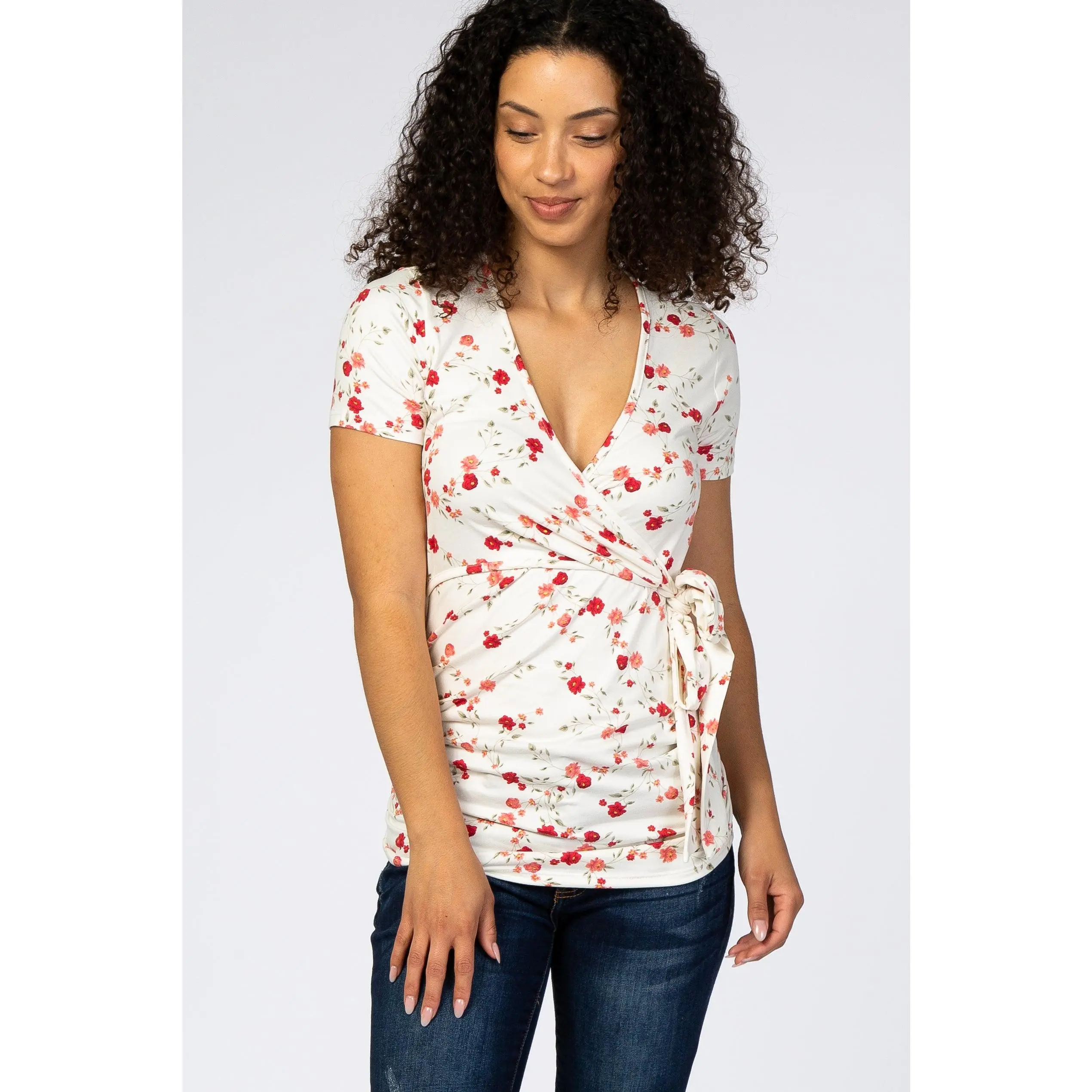 Maternity Nursing Top - Ivory, Floral Wrap, Fitted, Short Sleeve, Soft Breastfeeding Clothes for Maternity Supplies, Nursing Clothes