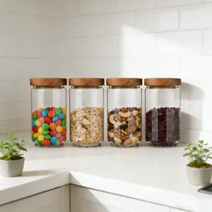 25 fl oz Food Safe Clear Glass Jar Set, 4-Pack TÜV SÜD-Certified Food Storage Jars with Airtight Acacia Wood Lids | Wide Mouth Kitchen Storage Jars for Flour, Pasta, Coffee, Cereal & Snacks | BPA-Free, 4 Packs Glass Containers for Pantry Organization