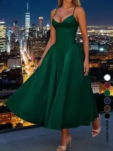 Women's 2026 Autumn Winter Elegant High-End Solid Color Strap Long Dress - Formal Womenswear, European-American Style Exclusive Independent Station Collection
