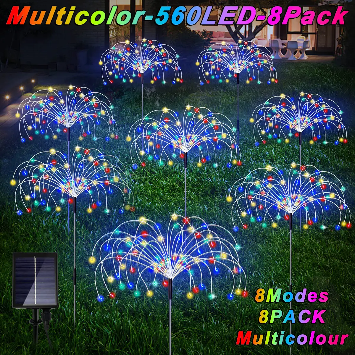 8/4pcs Outdoor Lights, Solar Lights Outdoor Garden 560/320LED Fireworks Lights for Christmas, Thanksgiving Decorations, 8 Lighting Mode Holiday Decorative Lighting for Villa Patio Balcony, Path Lawn, Camping Multi-color