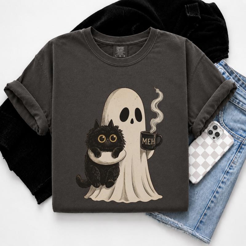 Comfort Colors Vintage Funny Introvert Ghost Cat Shirt, Spooky Coffee Lover Halloween Graphic Tee Gift