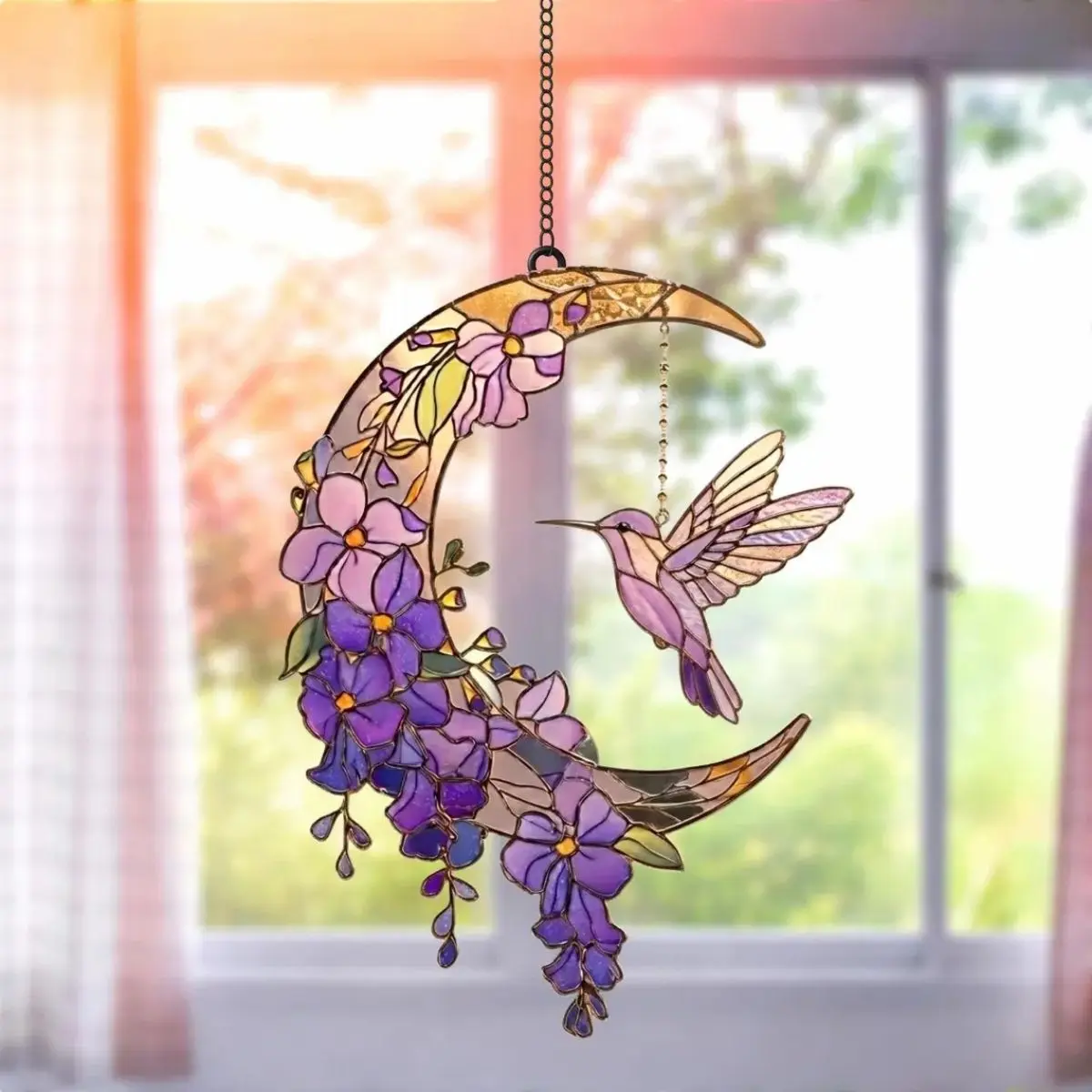 Hummingbird Floral Crescent Moon Suncatcher, Faux Stained Glass Window Hanging