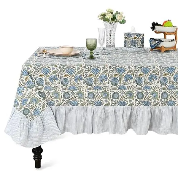 Ridhi Asparagus Green Ruffle Block Print Tablecloth 100% Cotton 60x60 Square Floral Table Cover, Elegant, Vintage, Shabby Chic Home Decor for Wedding, Kitchen, Farmhouse, Garden, Gift for Festival