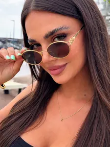 Elegant Oval Women's Fashion Glasses, Styling Sunglasses, Perfect for Various Occasions, College Style, Back-To-School, Letter Decorated Frame
