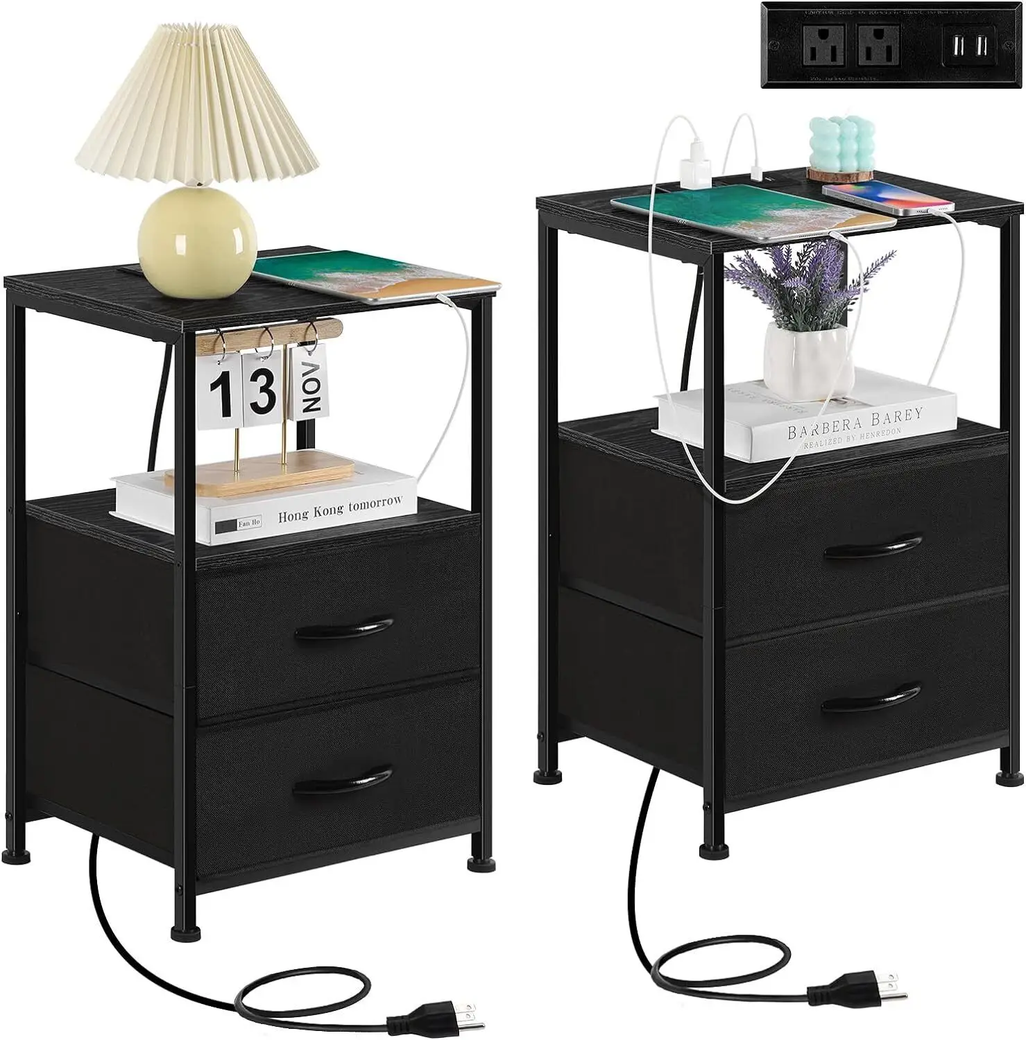 2-Piece End Table Nightstand with Charging Station and Fabric Drawer Heavy Duty,2-Ply Fabric Drawer - Plug - Black Stain Resistant