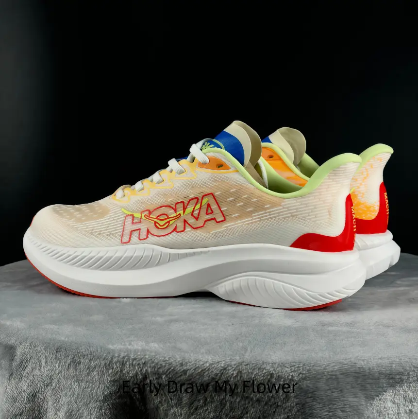 Cream translucent mesh running shoes with multi-color collar details deliver retro fresh aesthetics to match daily casual wear for street content shooting