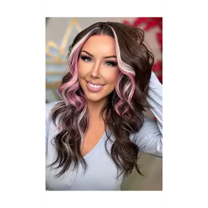 Keira High Quality Synthetic Wig Lace Front Natural Dark Brunette with White and Pink Highlights 22 Inches Futura Fiber
