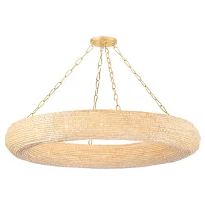 Large Lure Chandelier with Handmade Wood Beads and Vintage Gold Leaf Chains - Coastal Elegance