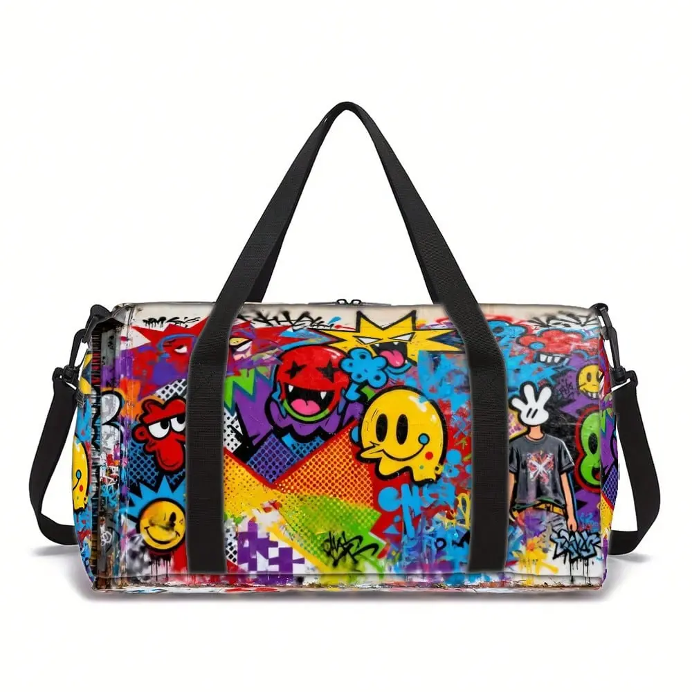 Graffiti Print Workout Bag, Unisex Polyester Weekender for Everyday Carry with Sporty Pocket Design and Trolley Sleeve, Weekender Gym Bag