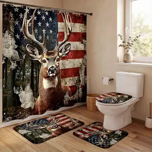 4pcs Vintage American Flag Deer Shower Curtain Set, Bathroom Shower Curtains – Soft Thick Fabric with Rustic Wildlife Design, 4th of July Inspired Bathroom Decor, Plush Bath Mats for Cozy Patriotic Ambiance