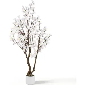 Artificial Cherry Blossom Tree, 7FT Tall Artificial Tree with White Pot, White Fake Sakura Flower Tree, Faux Silk Plants for Home, Living Room, Wedding, Garden, Balcony, Hotel Decoration