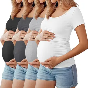 4 Pack Women's Maternity Shirts Scoop Neck Maternity Top Short Sleeve Casual Tee Side Ruched Pregnancy Clothes