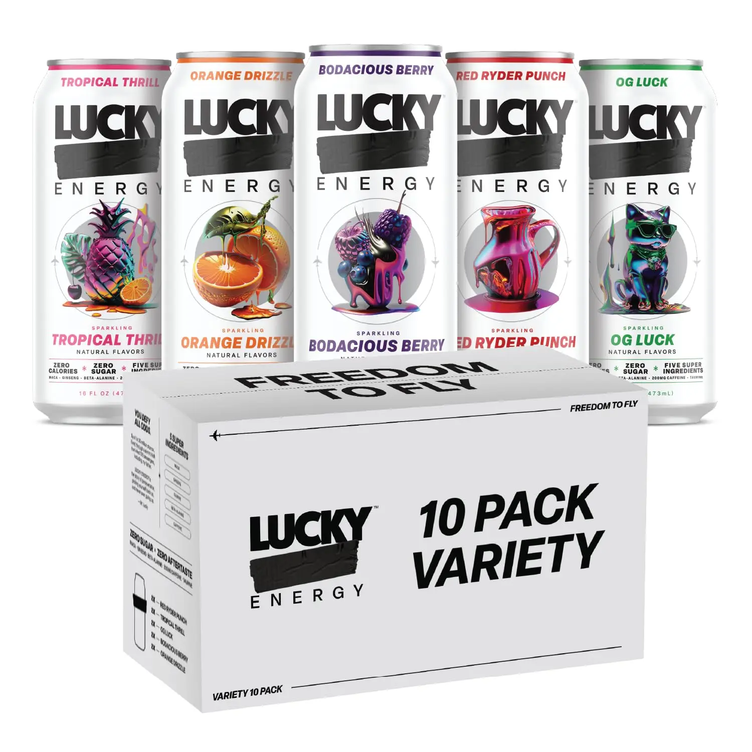 Lucky Energy Sugar Free Energy Drinks, Variety Pack, 16oz Cans (10-Pack) Healthy, Zero Sugar Energy Drink with Maca, Ginseng, Beta-Alanine, Taurine & 200mg Caffeine