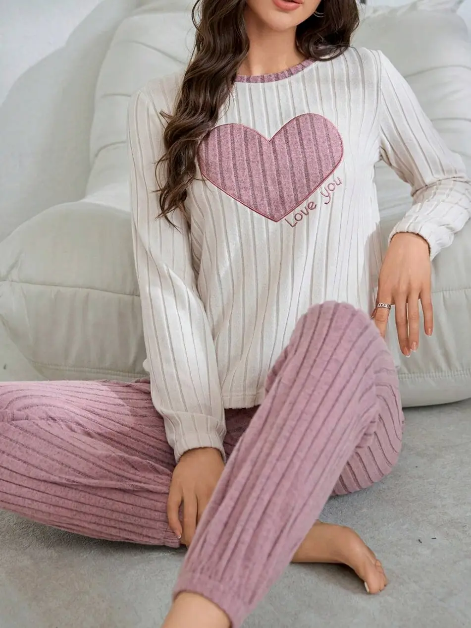 2-Piece Heart Embroidery Fleece Pajama Set Dusty Pink