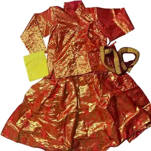 Nepali Traditional Maruni Dress Cultural Red & Gold Brocade Women's Fashion Outfit with Yellow Accessory for Festive Occasions - Womenswear