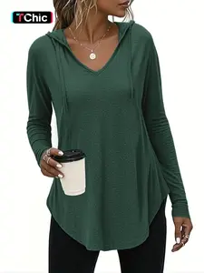 Women's Casual V-Neck Long Sleeve Hooded Drawstring Pullover T-Shirt, Loose-Fitting Basic Plain Design, All Seasons Fashion Tops