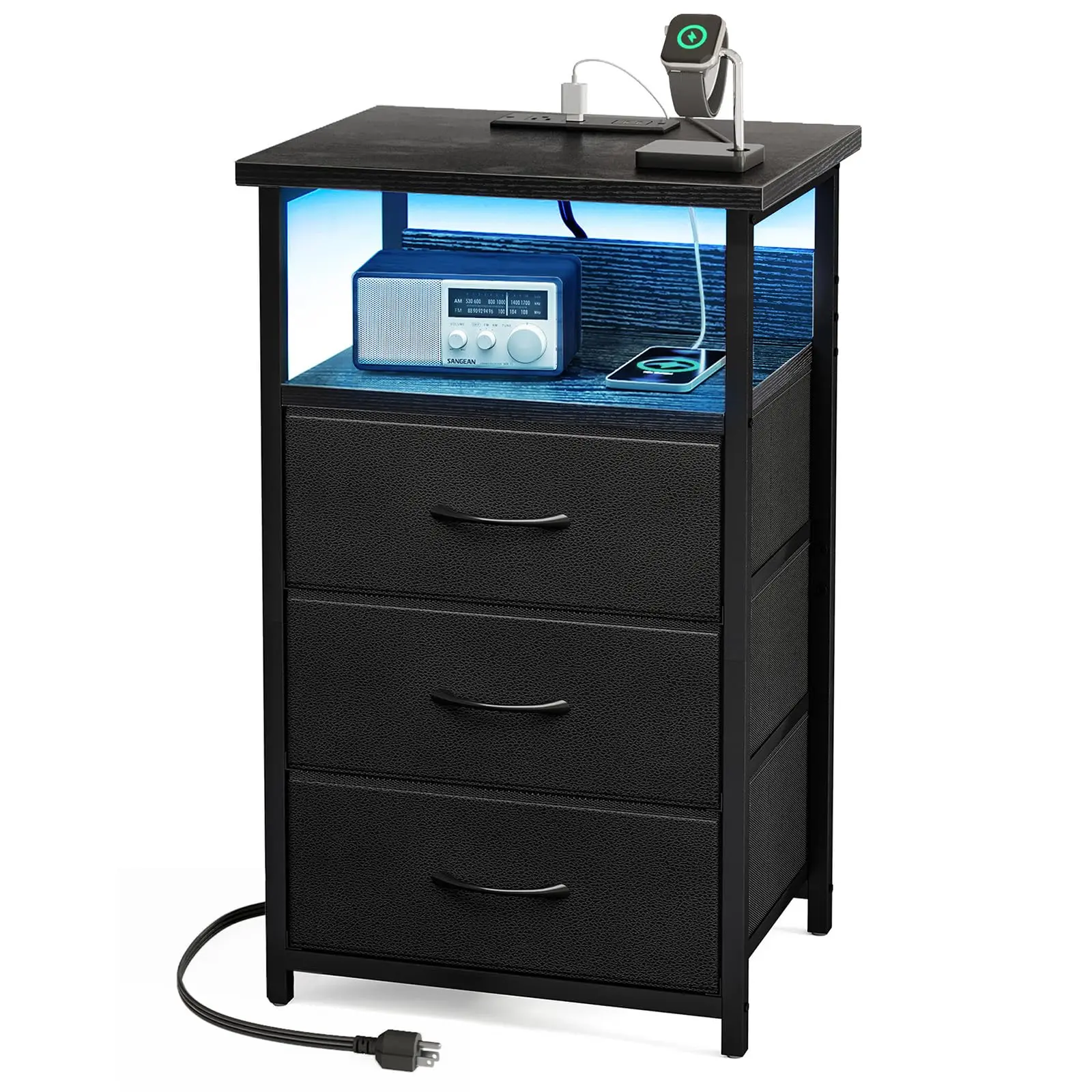 Modern Nightstand with Charging Station, LED Lights, USB Ports, Outlets, 3 Fabric Storage Drawers with PU Finish, Black Indoor Furniture Bedside Table, Three Storage Drawers