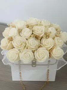 White Floral Candle Bouquet - Elegant Arrangement in a Decorative Box with Chain Accent for Serene Ambiance - No Warranty