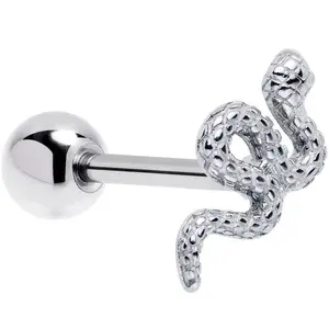 Coiled Serpent Snake Barbell Tongue Ring 14 Gauge 316L Stainless Steel Unisex Jewelry with 6mm Ball End