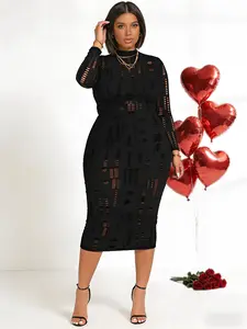 Plus Size Fitted High Waist Dress, Hollow Out Design, Holiday Wear, Christmas Party, Sexy Semi-Transparent, All Seasons Fashion