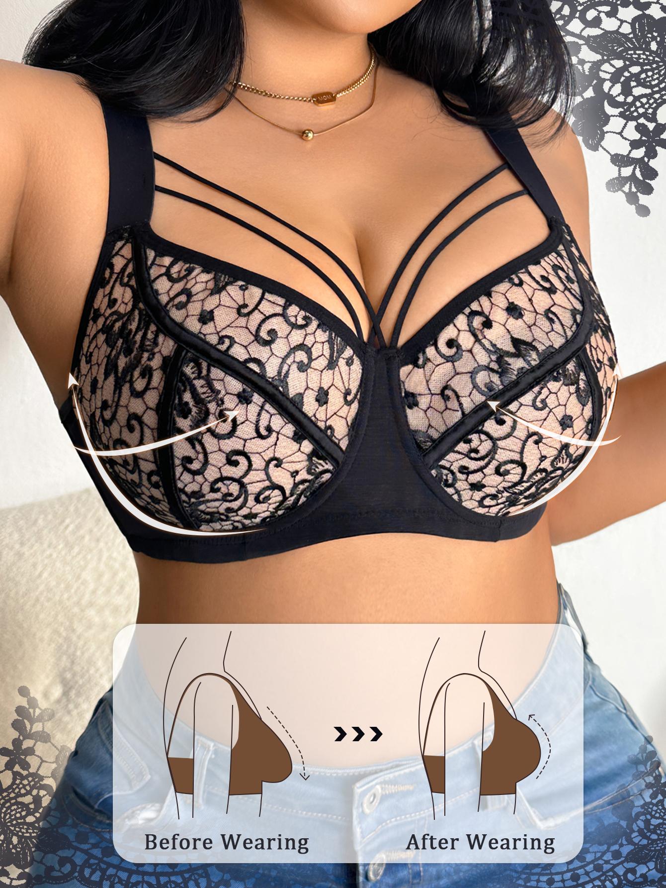 【DealsForYouDays】MIMILEMON Plus Size Women's Polyester Lacy Floral Print Underwire Minimizer Bra - 38C-48DDD Full Coverage, Full Support for Large Bust, Elegant Feminine Aesthetic, Valentine's Day Summer Essential