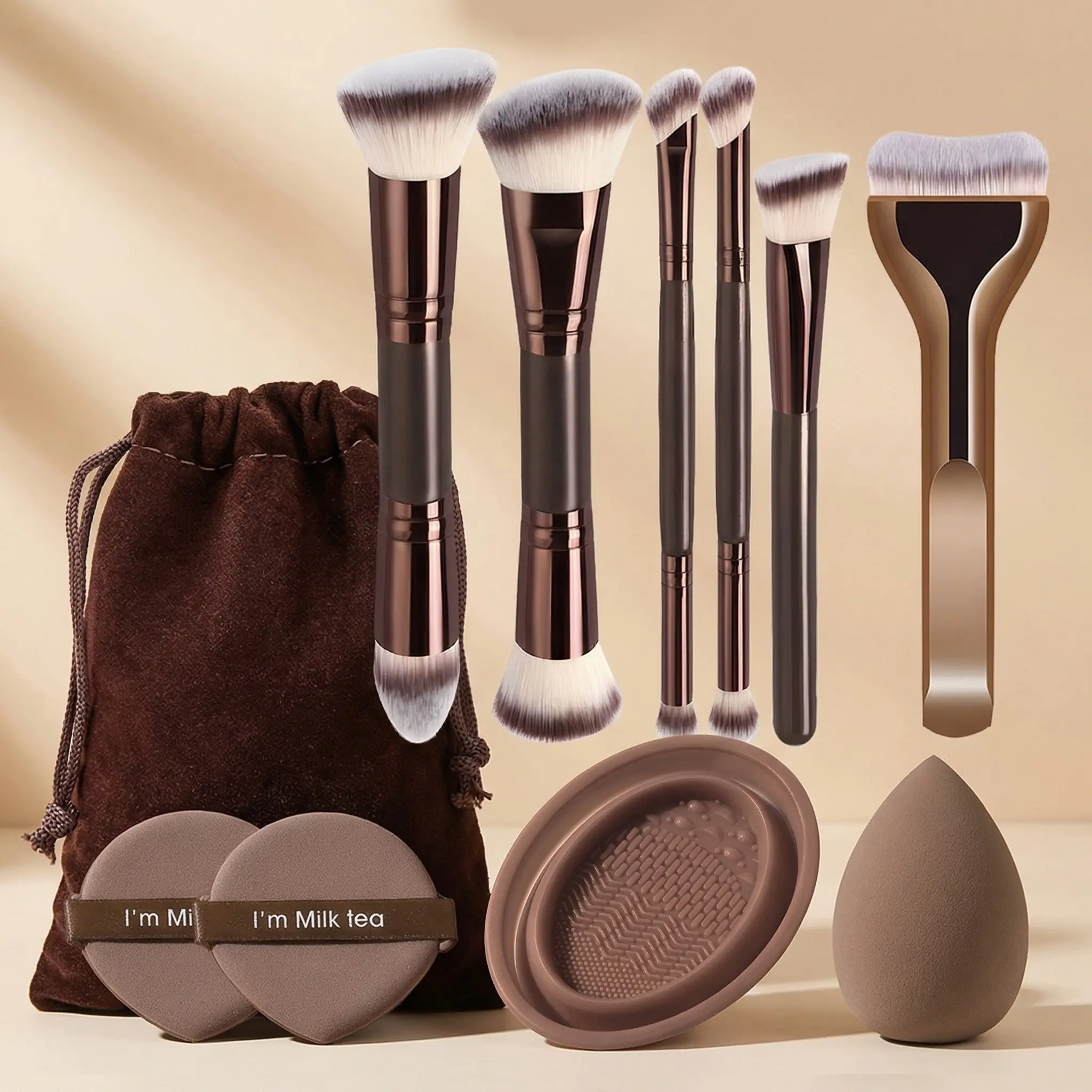 11-Piece Dual-Ended Makeup Brush Set, Includes Foundation Brush, Loose Powder Brush, Eyeshadow Brush, Storage Bag, Beauty Blender, Travel Kit, Cosmetic Brush Set