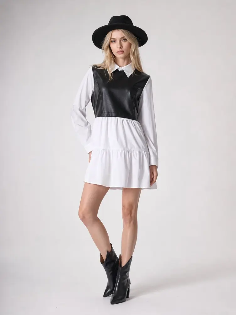 Preppy Style Layered Short Dress For Ladies, Turn Down Collar Long Sleeve Spliced A-Line Dress, Flared Ruffle Hem Casual Outfit, Chic Fall Wardrobe Staple For Shopping Trips, Coffee Dates And Casual Social Occasions Piece Womenswear Casual Wear Summer