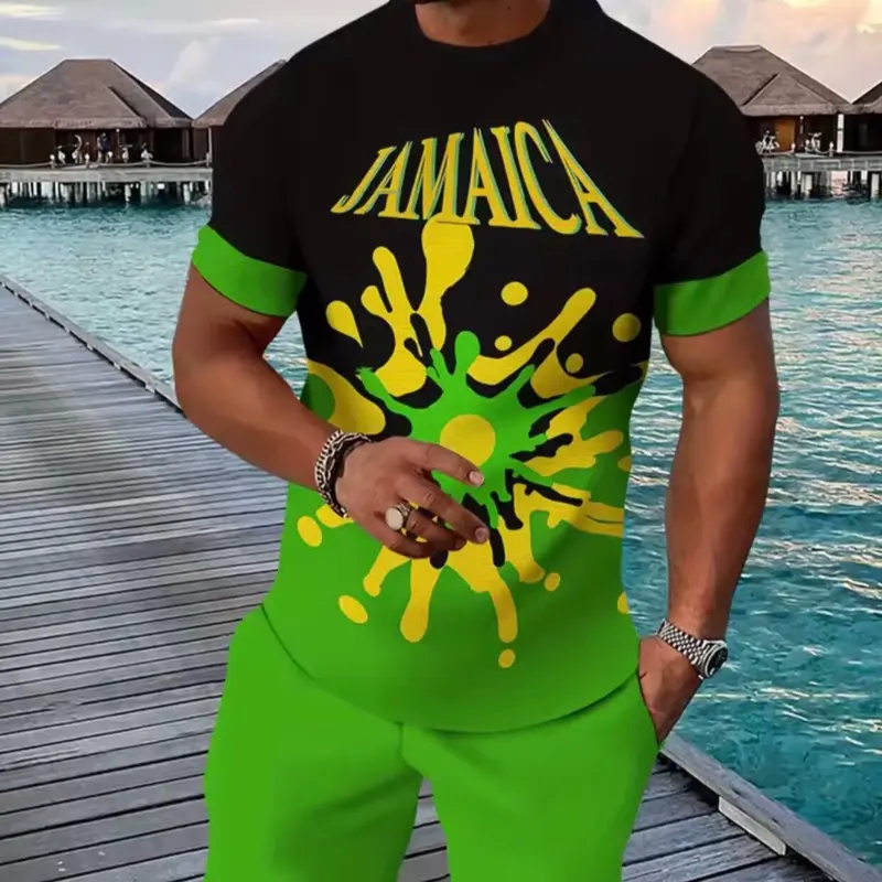 2 Piece Man Set with Jamaica Graphic Design in Green and Black Color Scheme Shorts Menswear Suits Tropical Bestie Shortsleeve Clothes