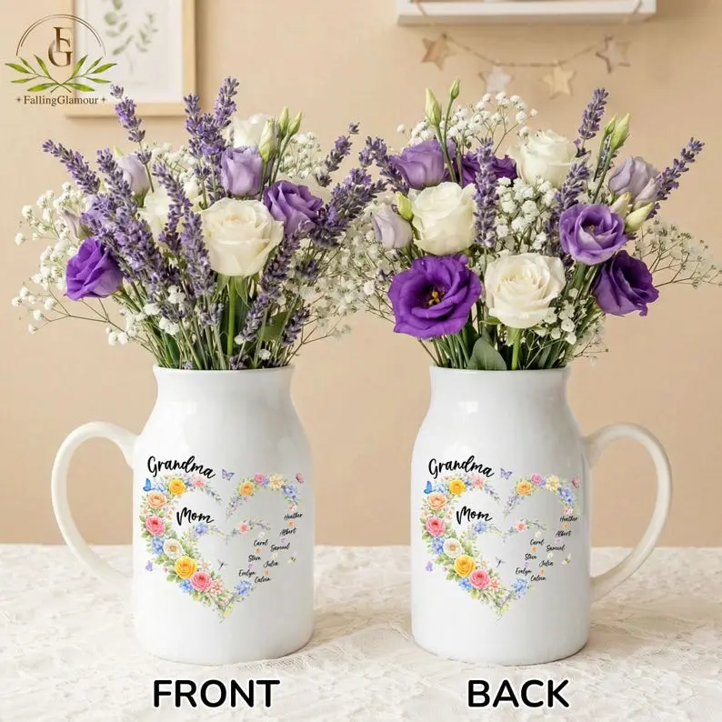 Personalized Mom And Grandma Heart Flower Vase, Grandma Vase With Grandkids Name Ceramic Vase, Mother's Day Gift Vase